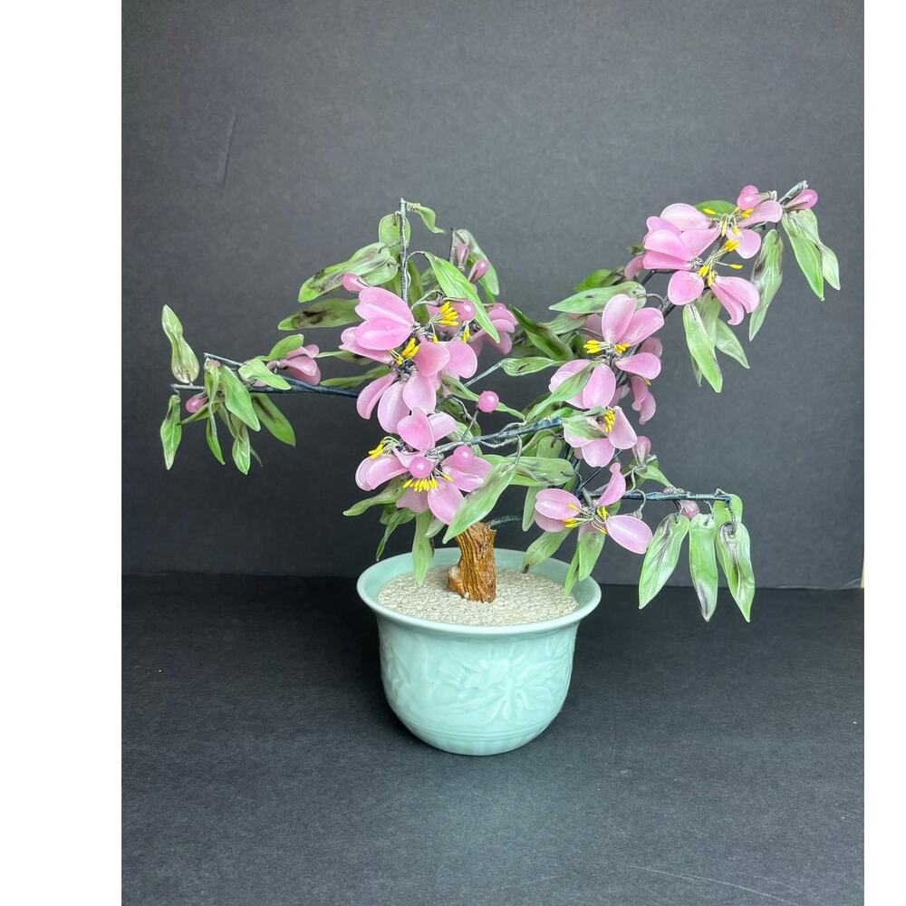 VTG Jade Glass Cherry Blossom Bonsai Tree in Celadon Pot MCM Style